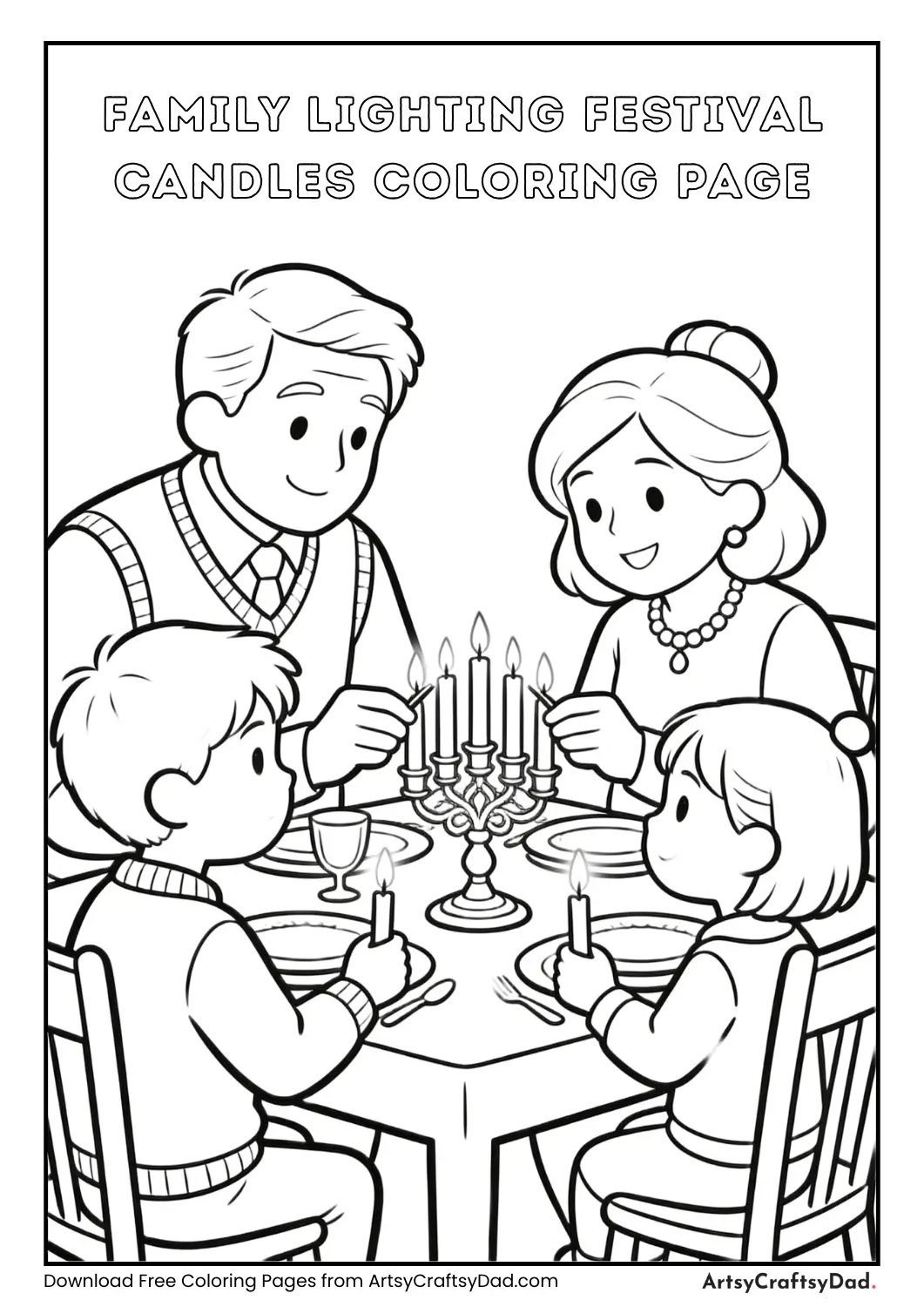 Family lighting candles together for festival celebration coloring page