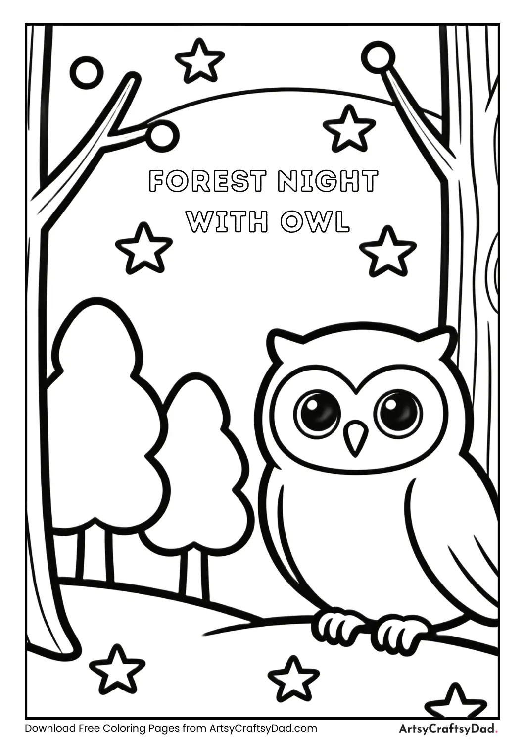 Black and white coloring page of owl at night in forest