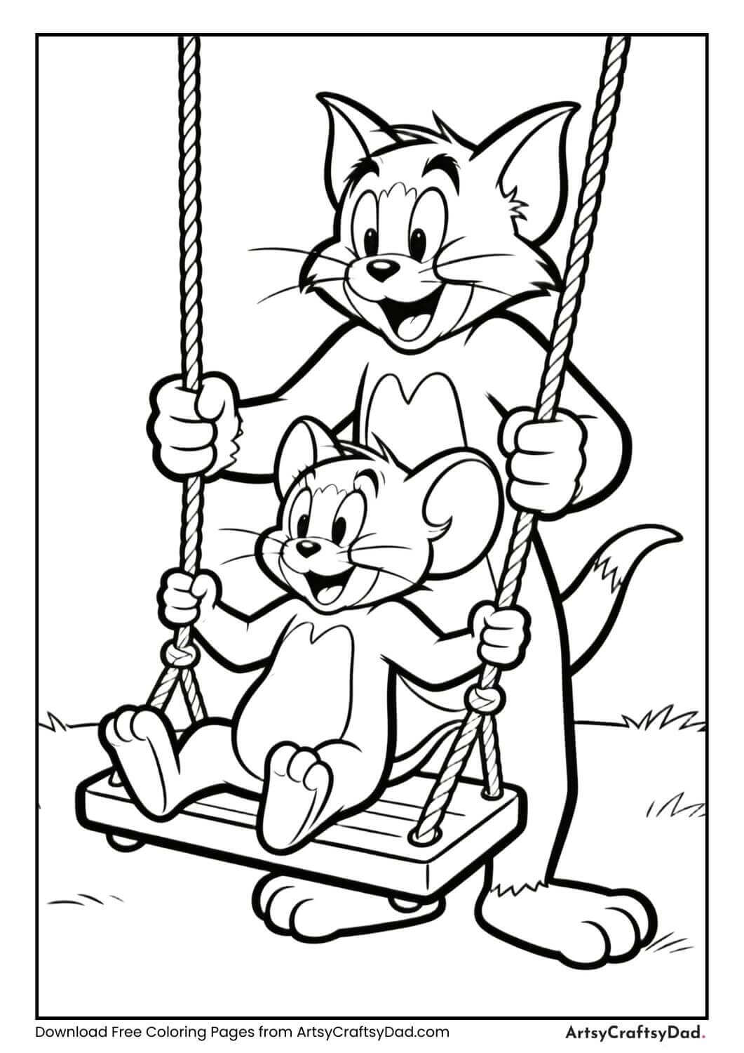 Jerry on swing Tom pushing coloring page