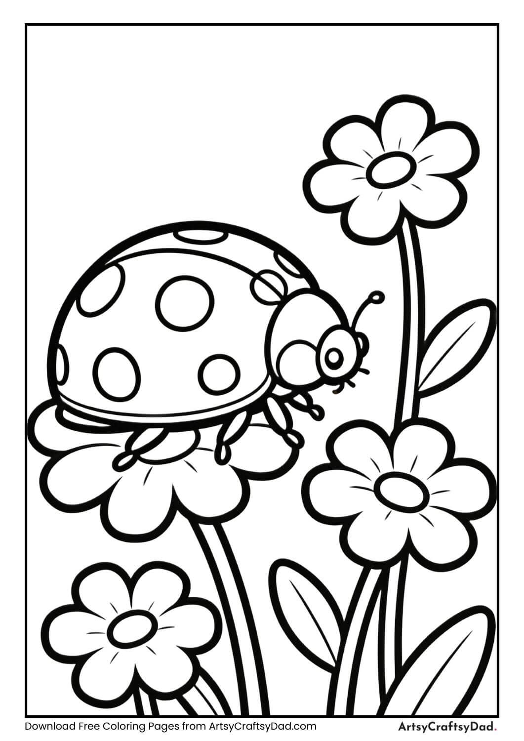 Ladybug near small flowers coloring page