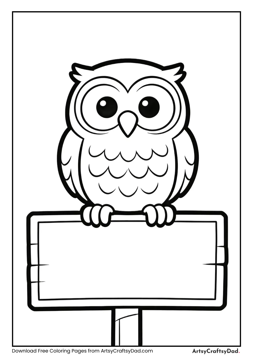 Owl standing on signboard black and white coloring page