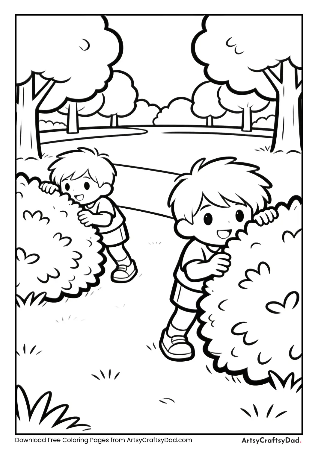 Children playing hide-and-seek around bushes and trees in the park.