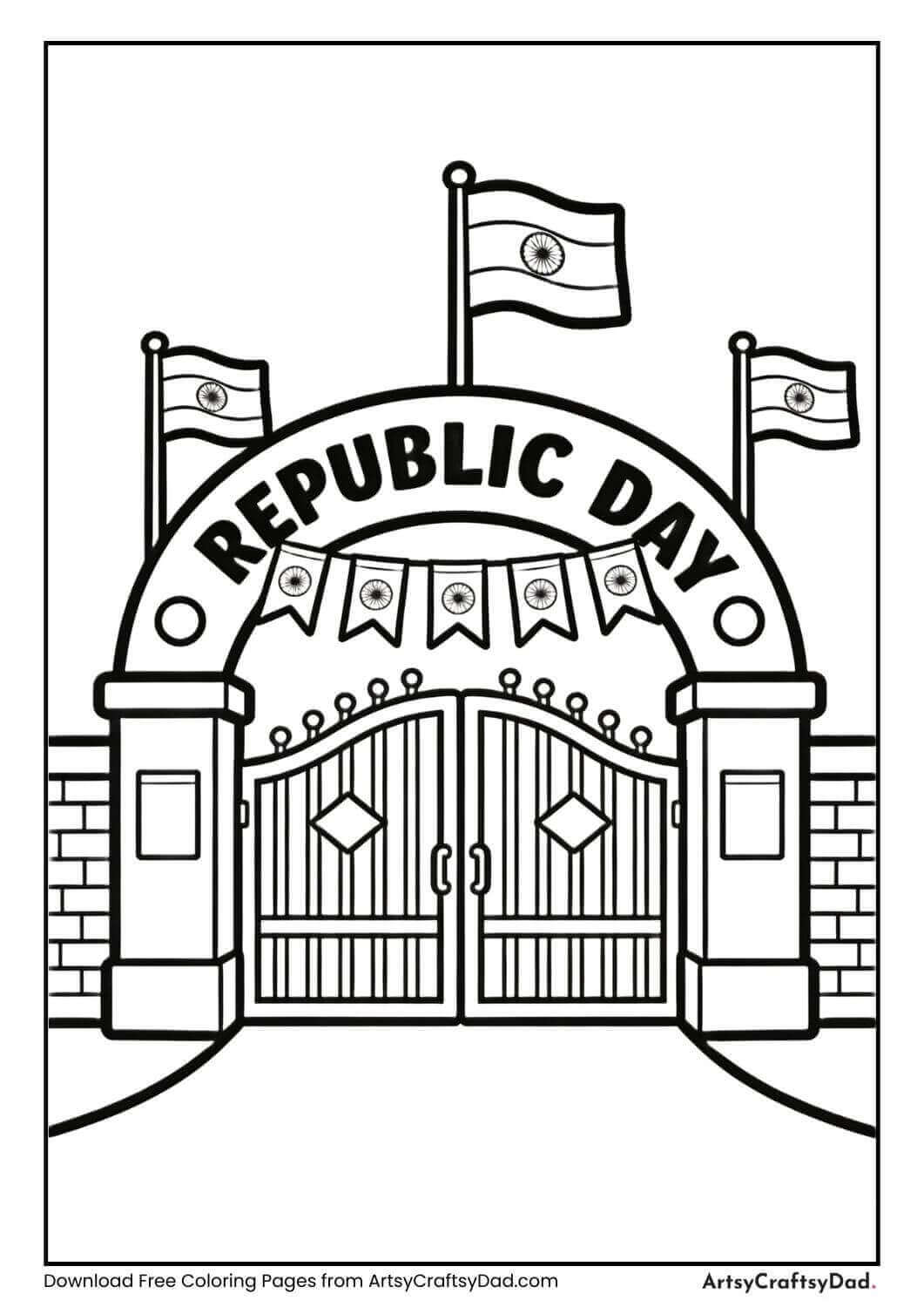 School gate Republic Day decoration coloring page