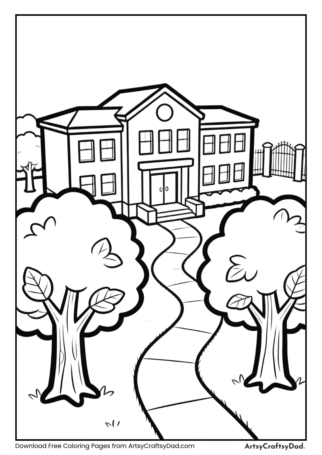 School building with walkway and trees coloring page