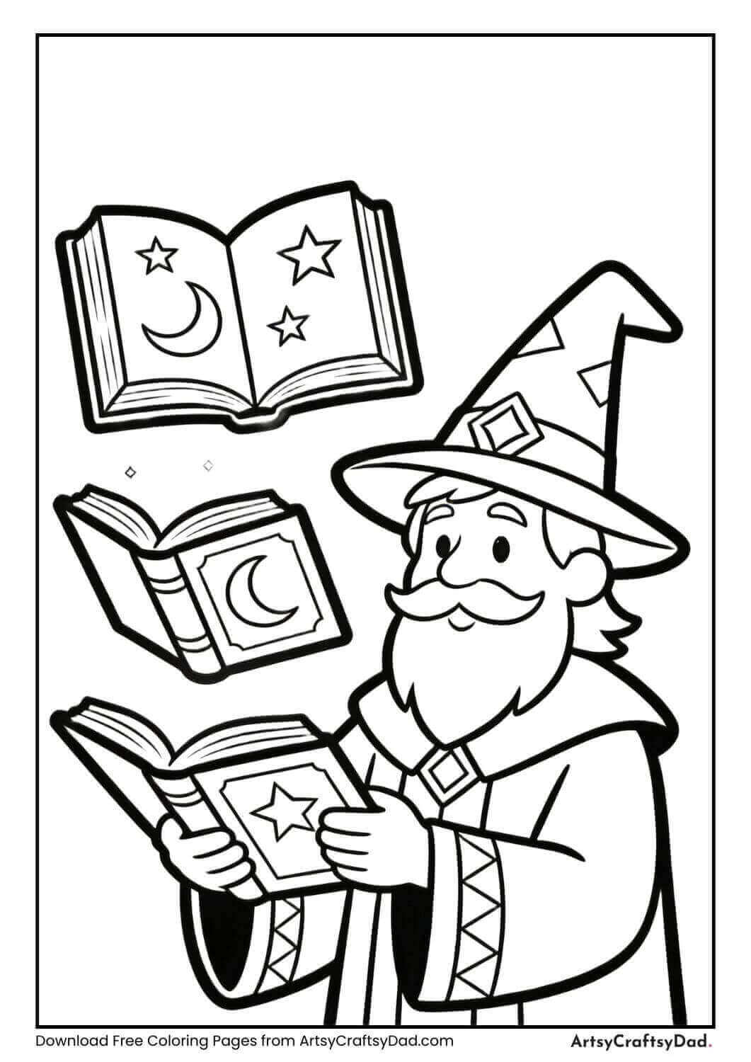 Wizard with a floating spell book open in front