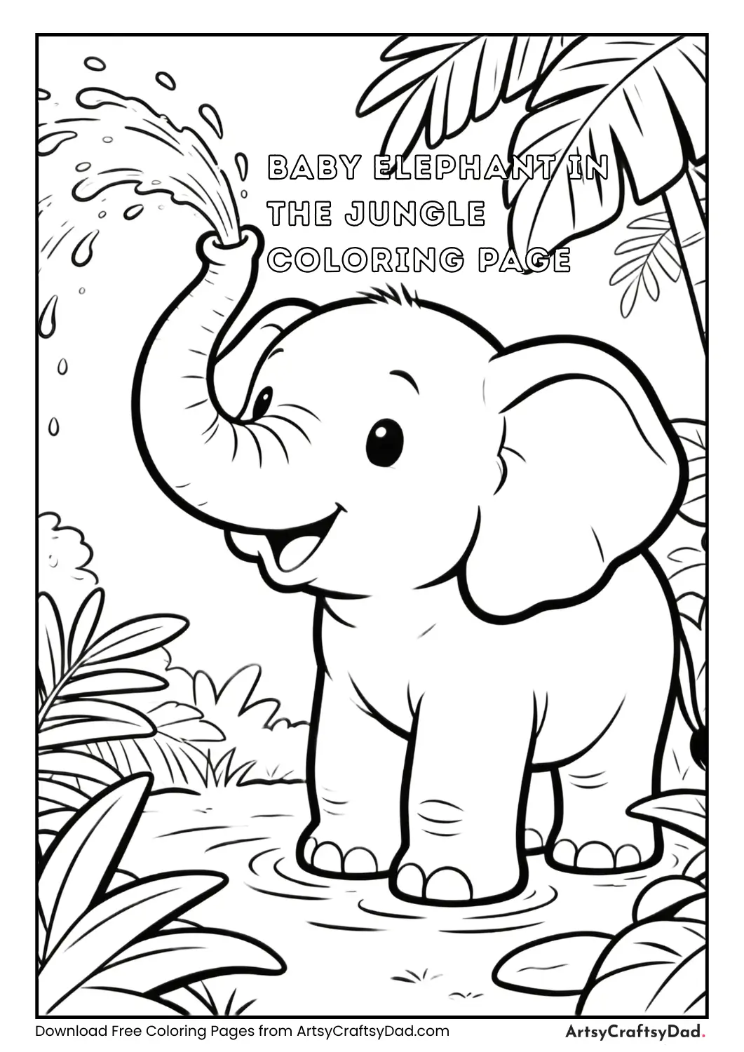 Baby elephant spraying water in the jungle with other animals coloring page.