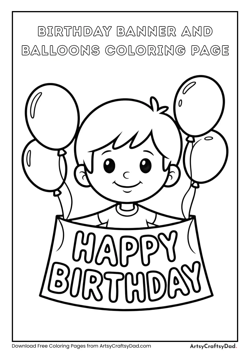 Happy birthday banner with balloons coloring page