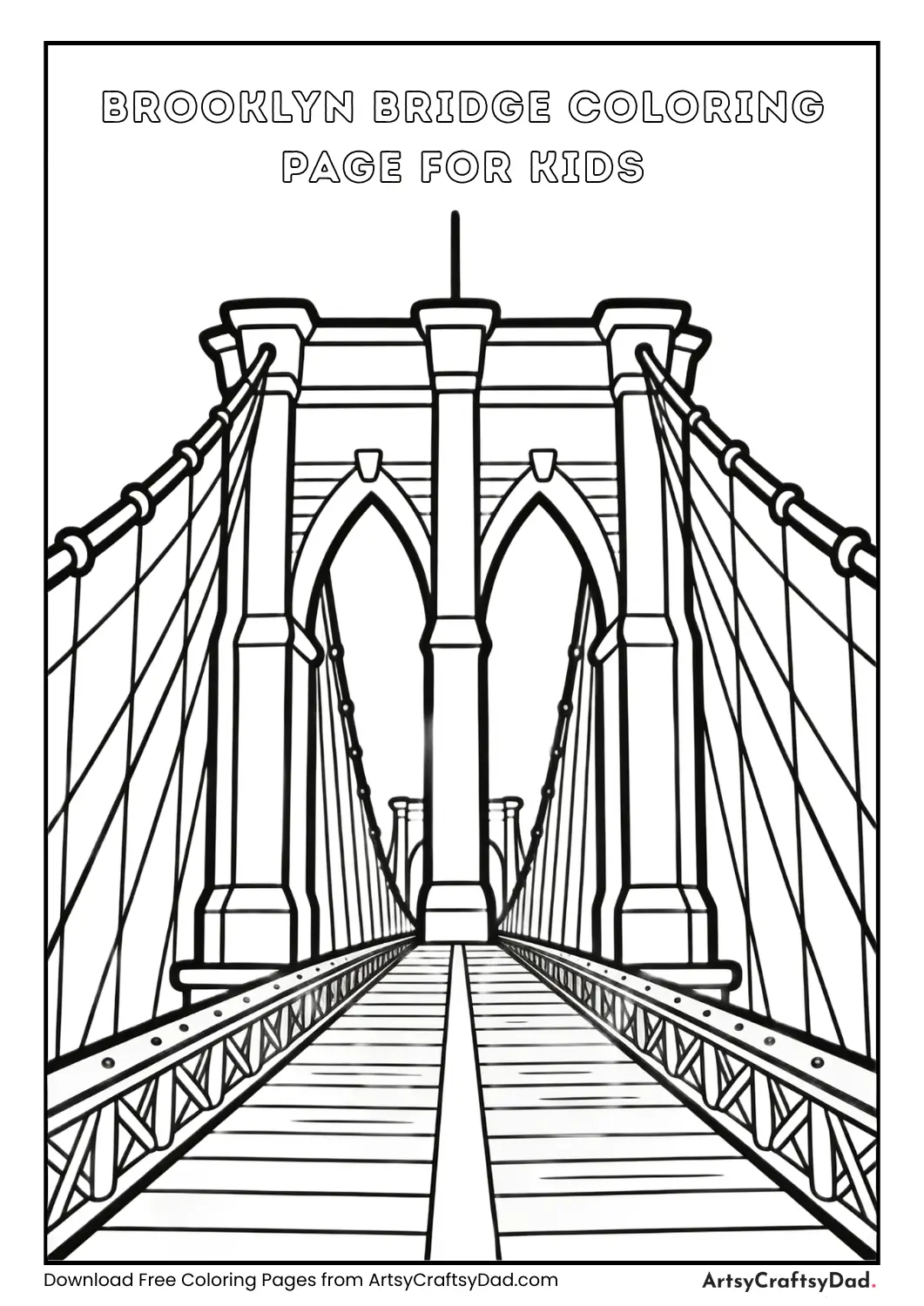 Black-and-white outline of Brooklyn Bridge for kids
