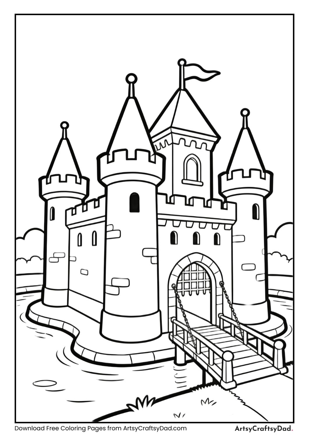 Castle with moat and drawbridge coloring page for kids