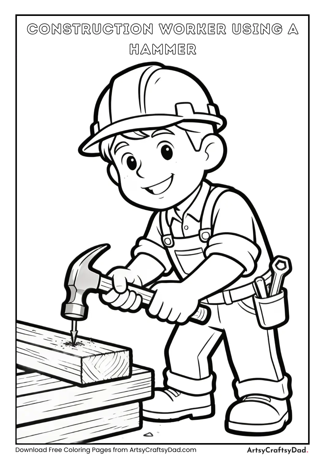 Construction worker hammering wood coloring page