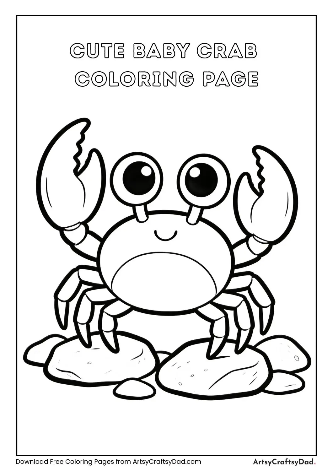 Cute baby crab with big eyes on rocks black and white coloring page