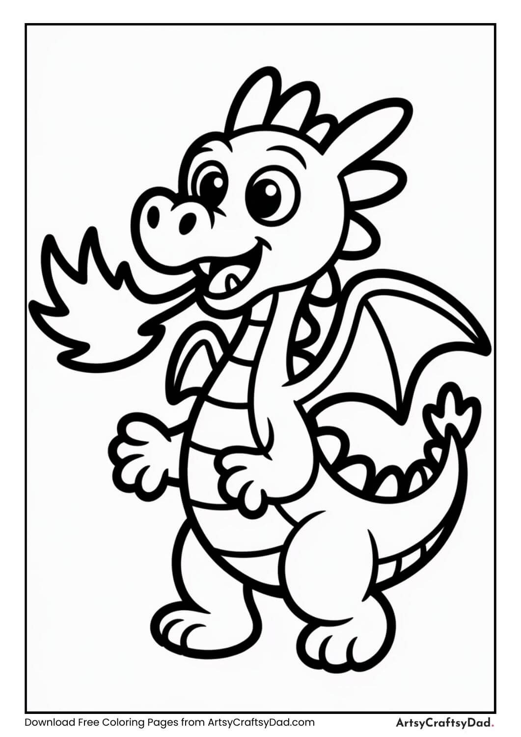 Cartoon dragon breathing small flames black and white coloring page