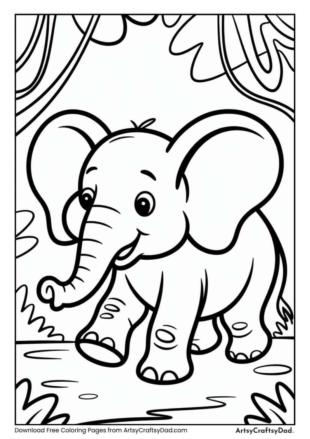 Elephant walking through jungle coloring page for children.
