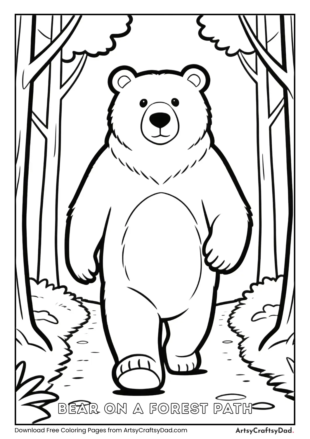 Black and white coloring page of ducks swimming in a forest pond