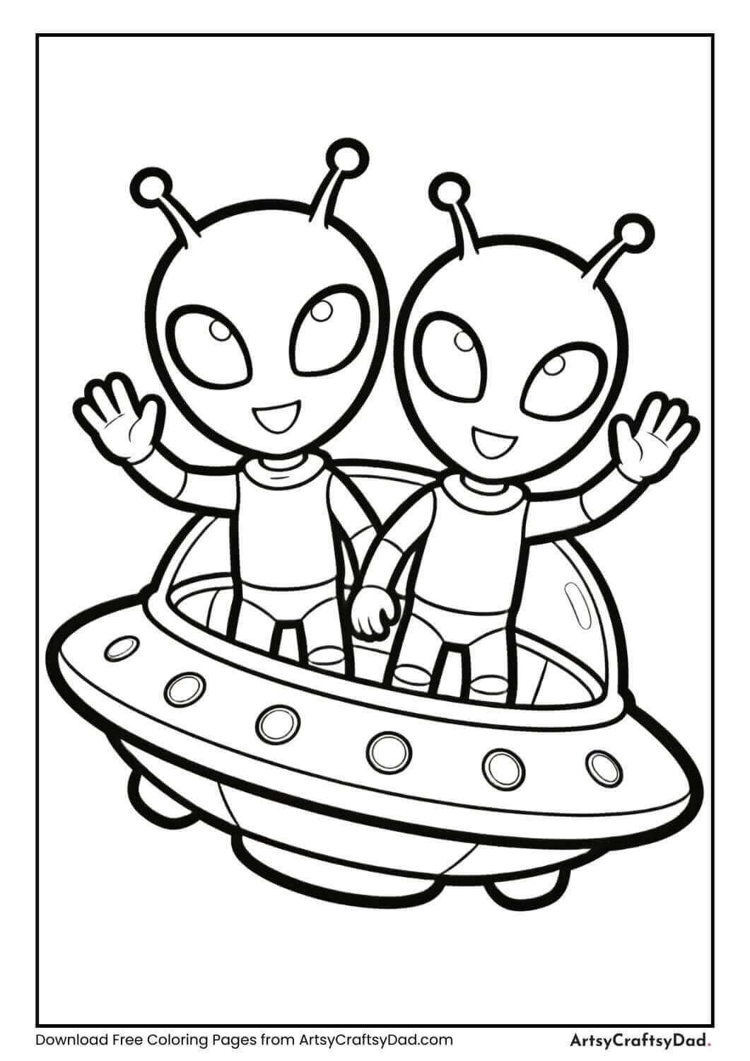 Cute aliens waving from spaceship coloring page