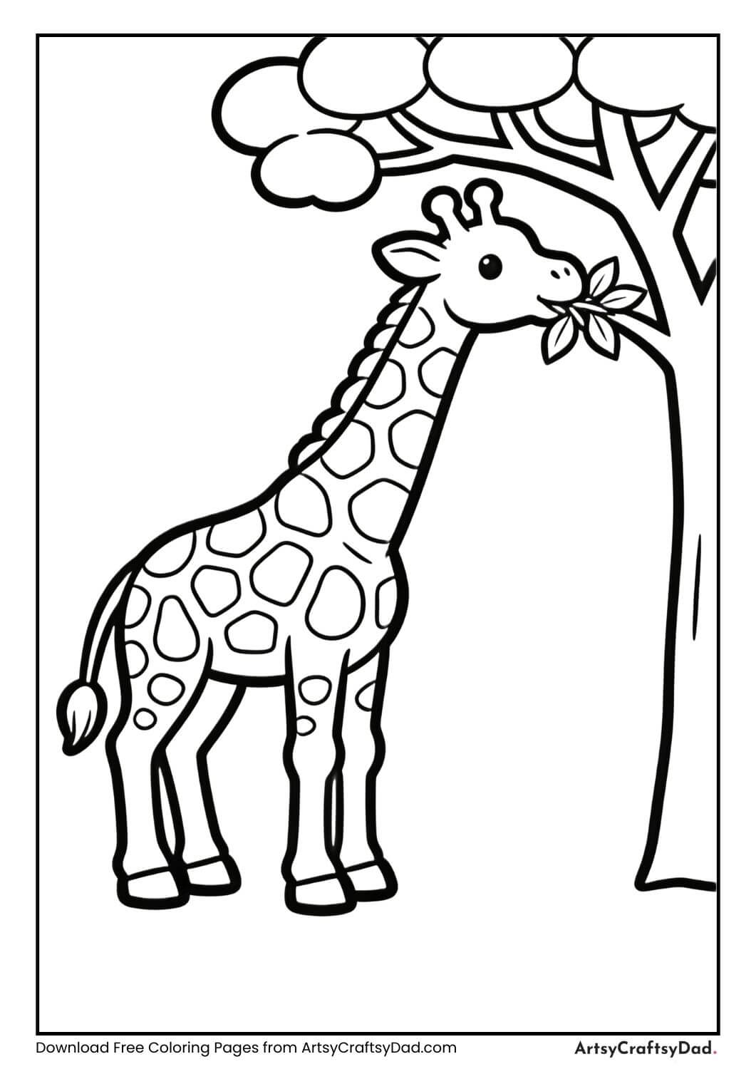 Giraffe eating leaves coloring page black and white