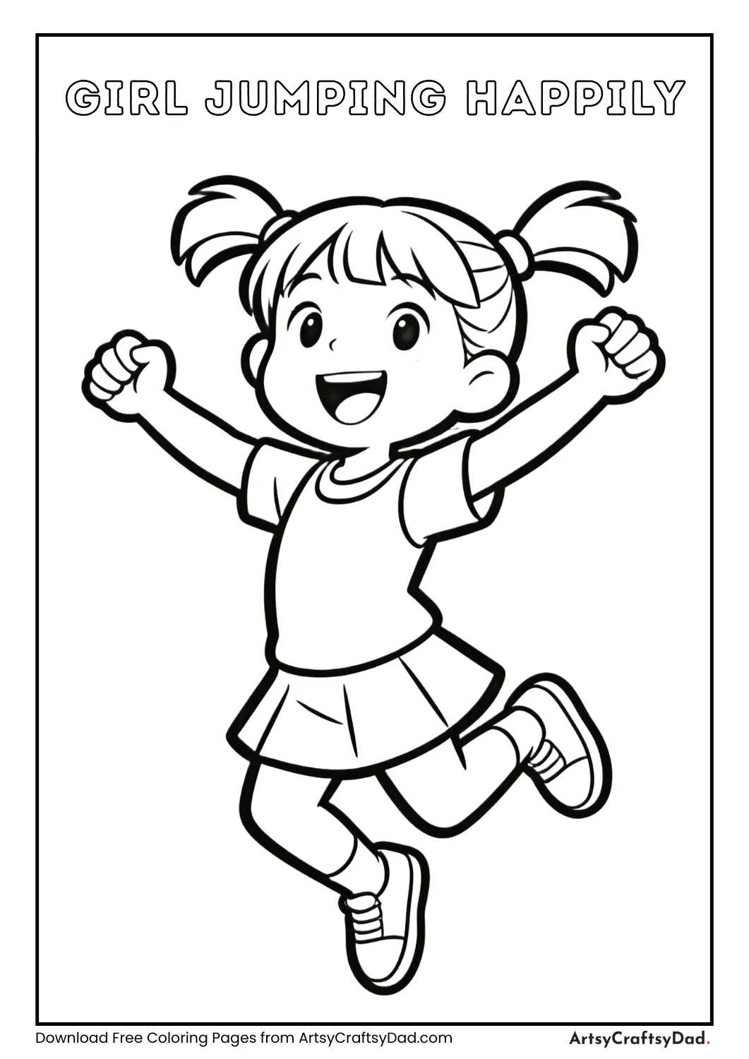 Happy girl jumping with joy coloring page