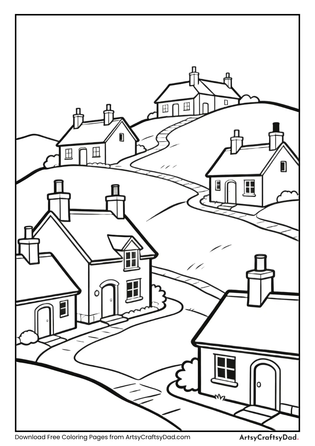 Black and white coloring page of a hill station with cottages and hills.