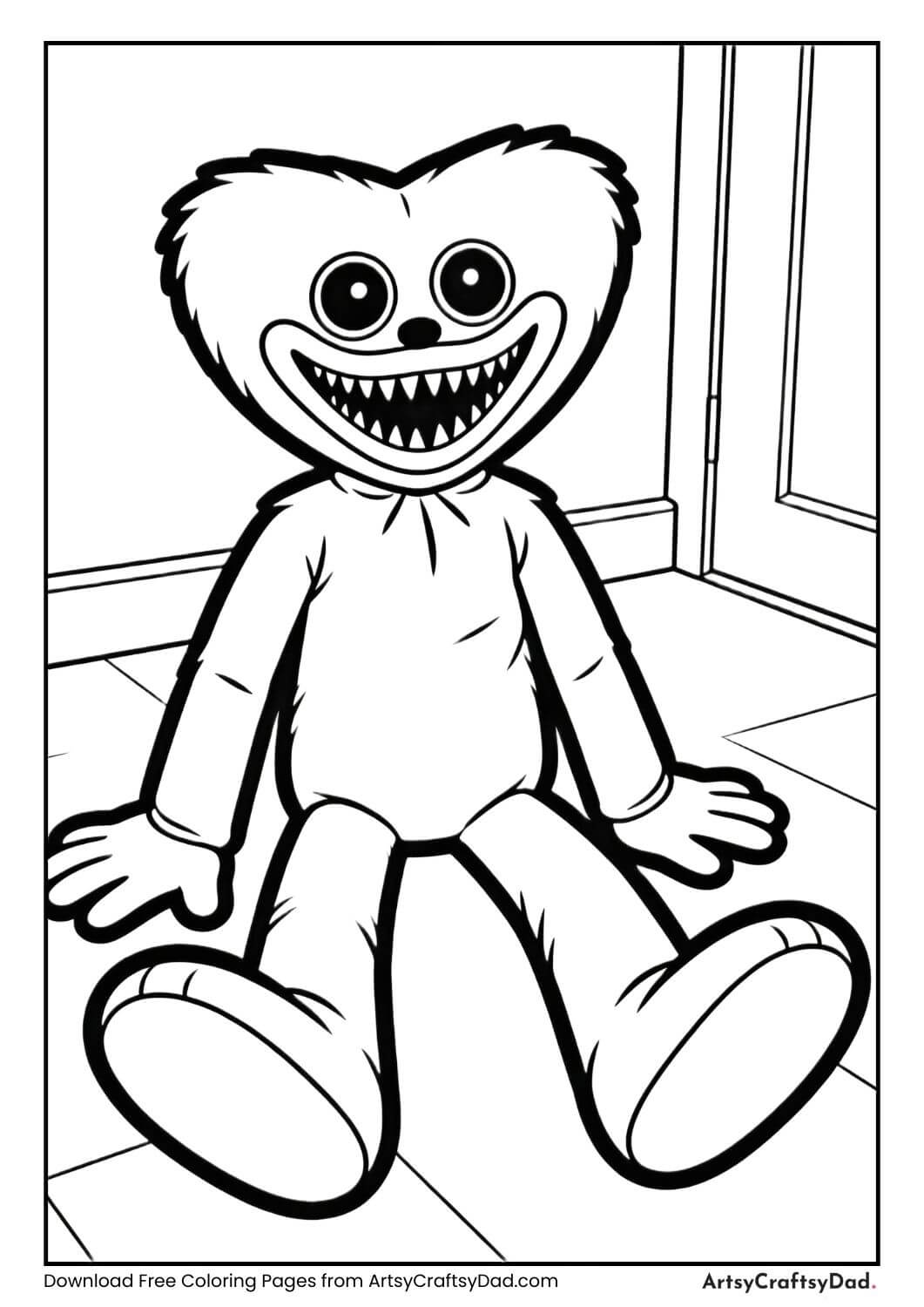 Huggy Wuggy sitting on the floor black and white coloring page