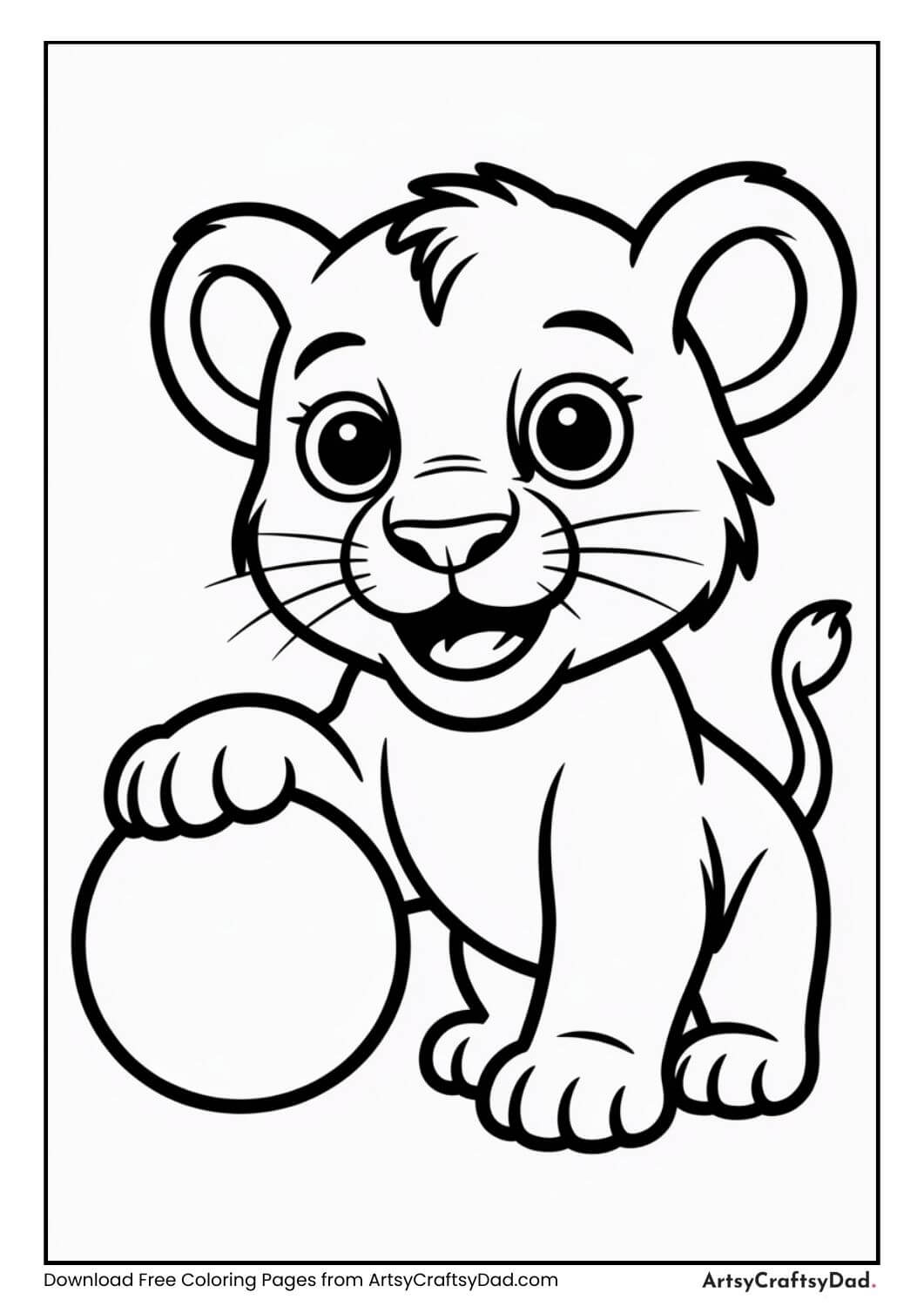 Lion cub playing with ball coloring page