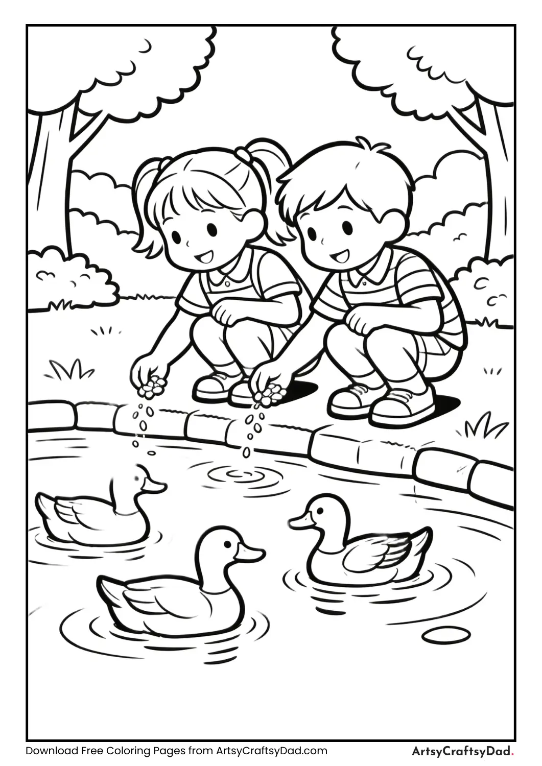 Ducks swimming in a pond with children feeding them.