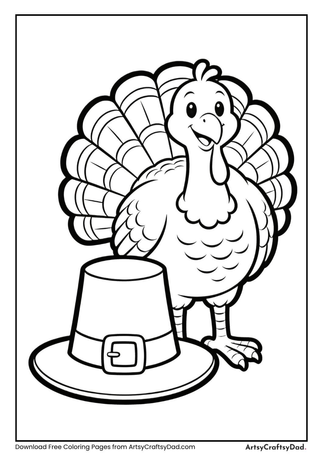 Pilgrim hat and turkey black and white coloring page for kids