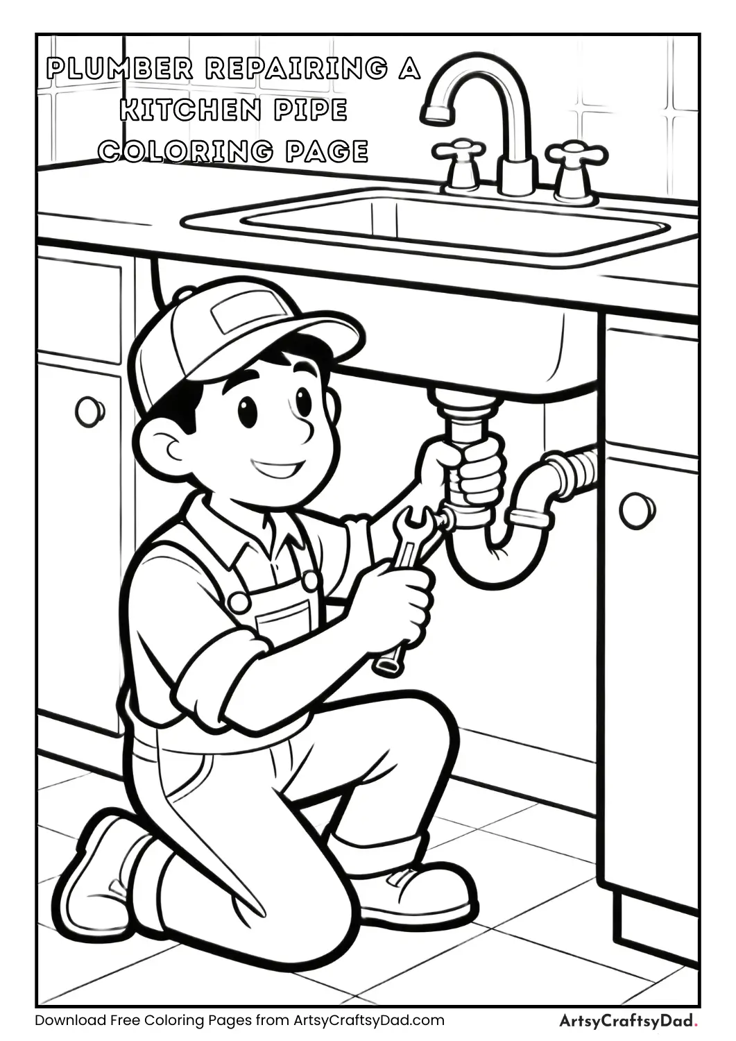 Plumber repairing pipe under sink coloring page