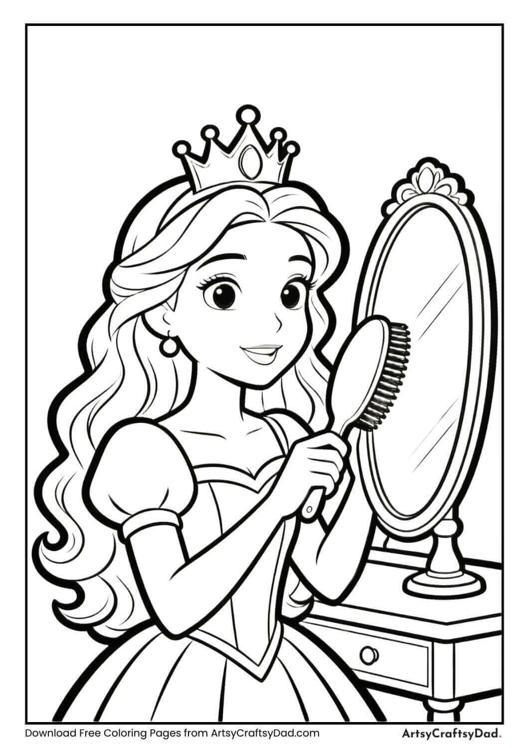 Princess brushing her hair black and white coloring page