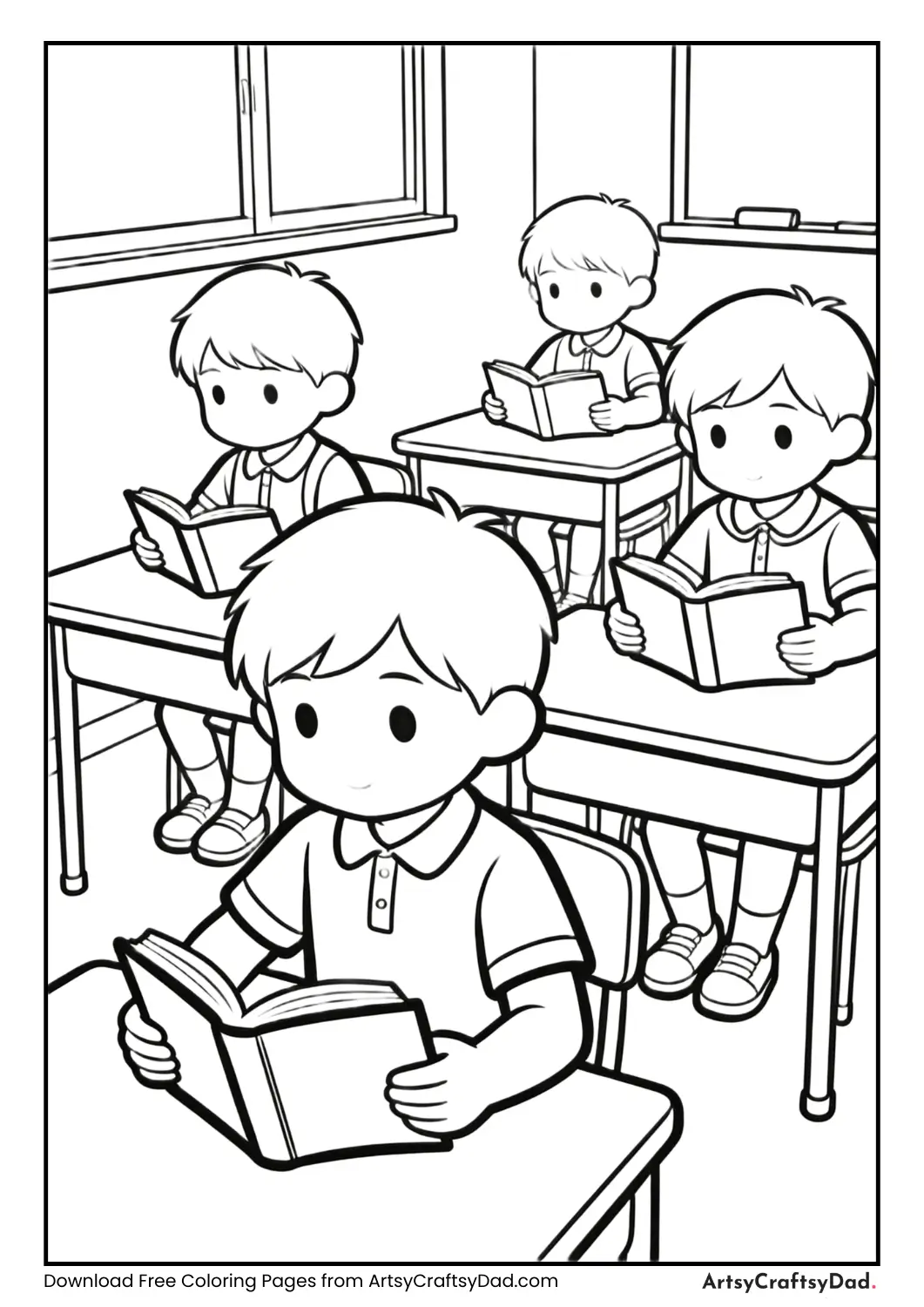 Children reading books quietly in a classroom