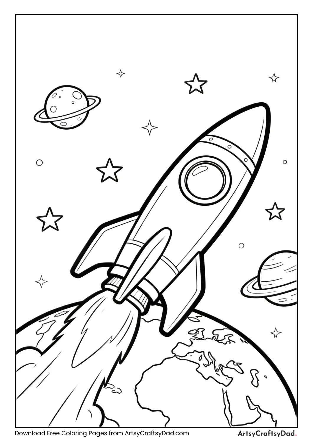 Rocket leaving Earth with stars coloring page