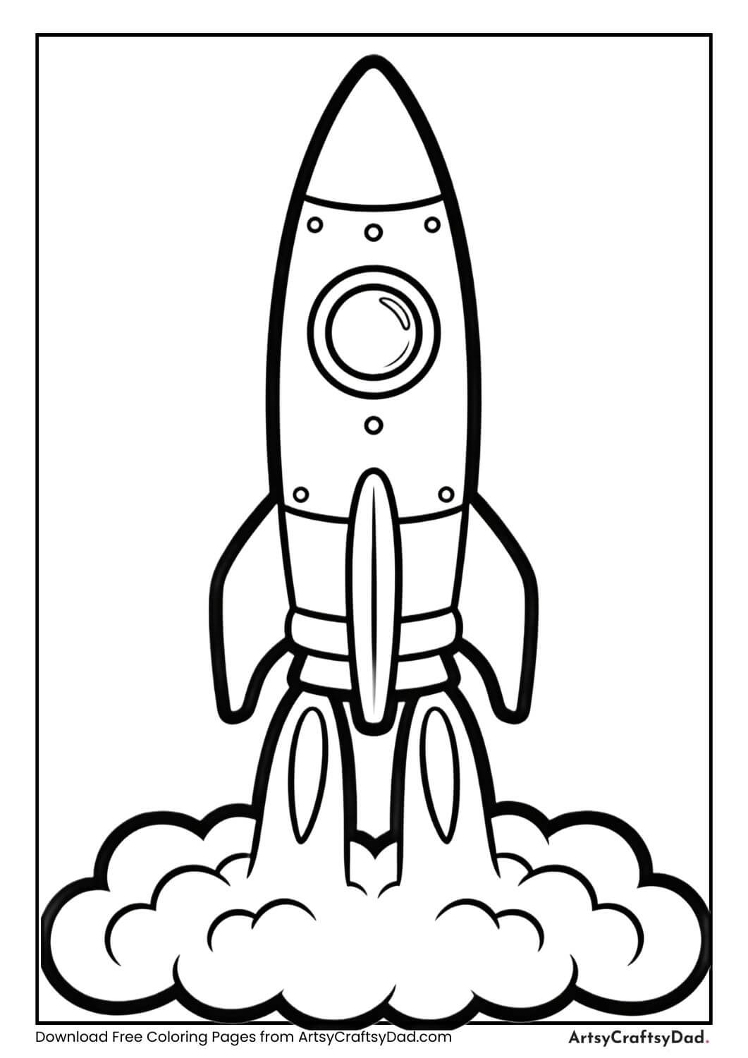 Space rocket launch with smoke coloring page
