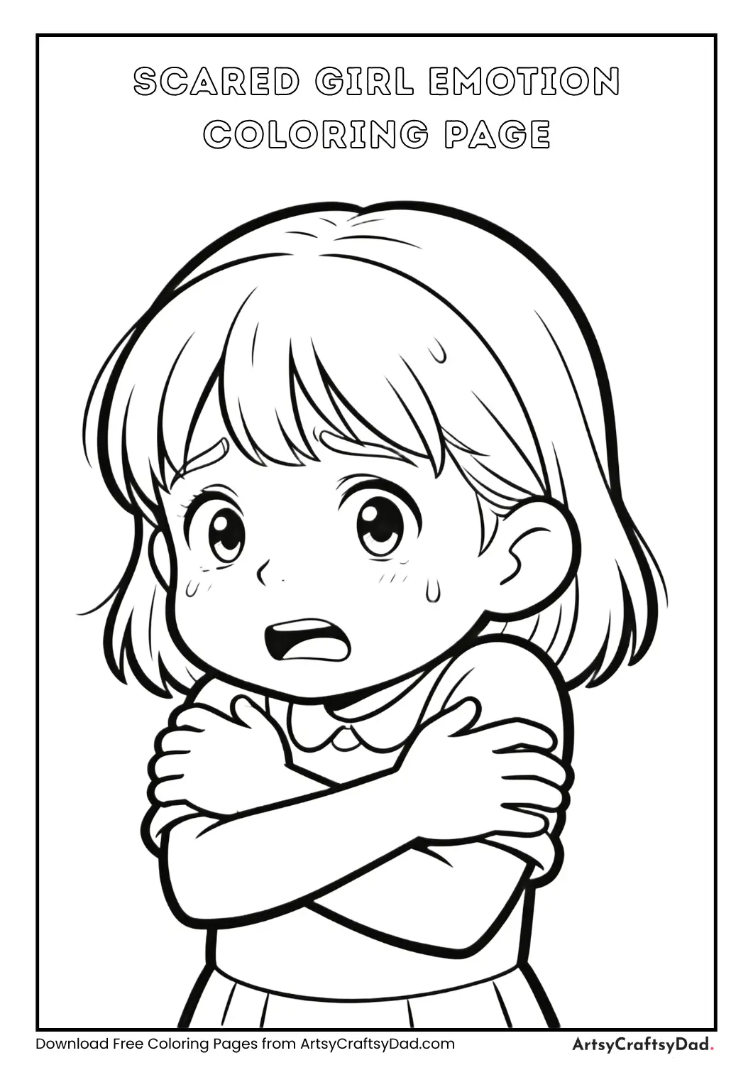 scared girl hugging herself coloring page