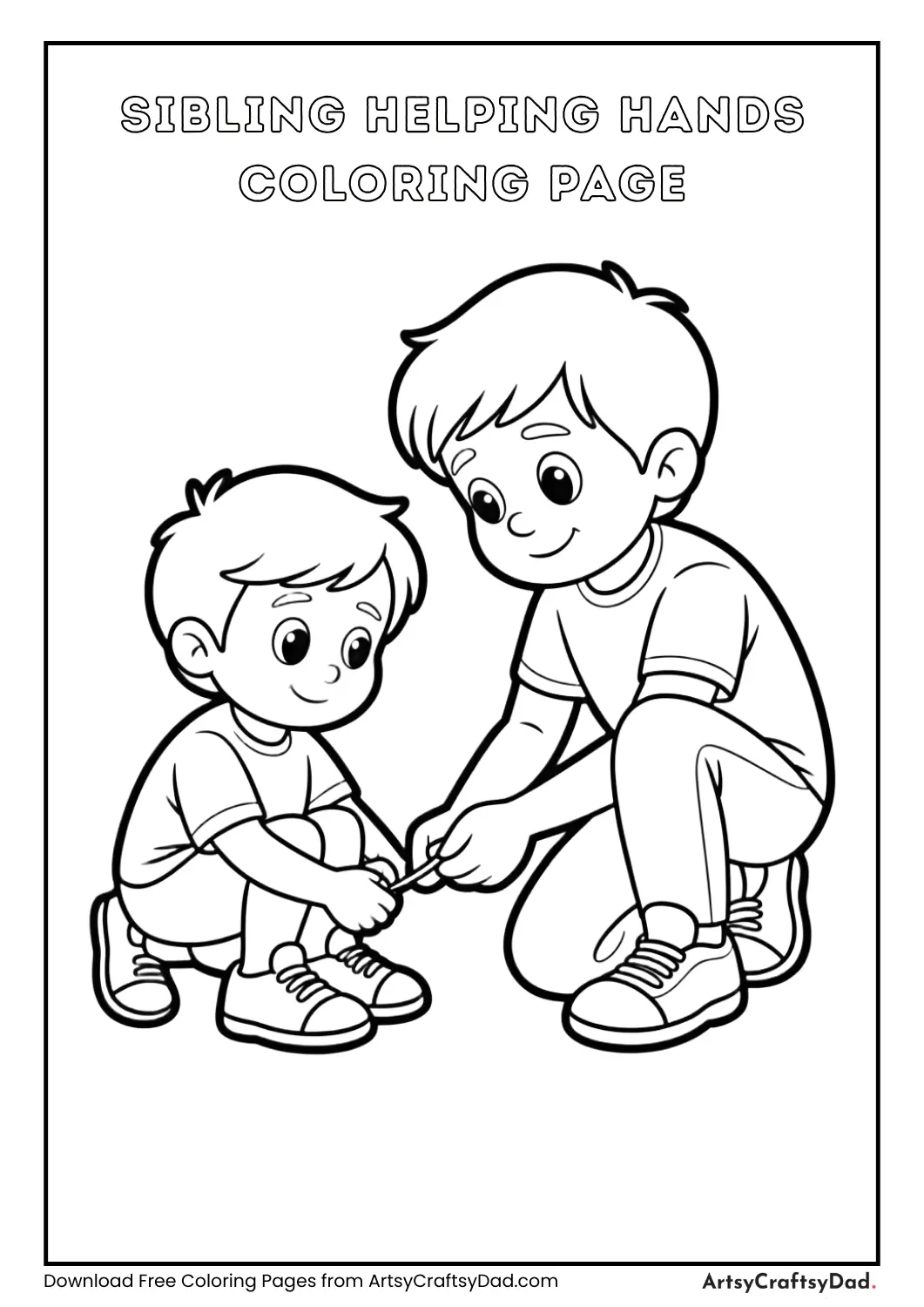 Older sibling helping younger sibling tie shoelaces coloring page
