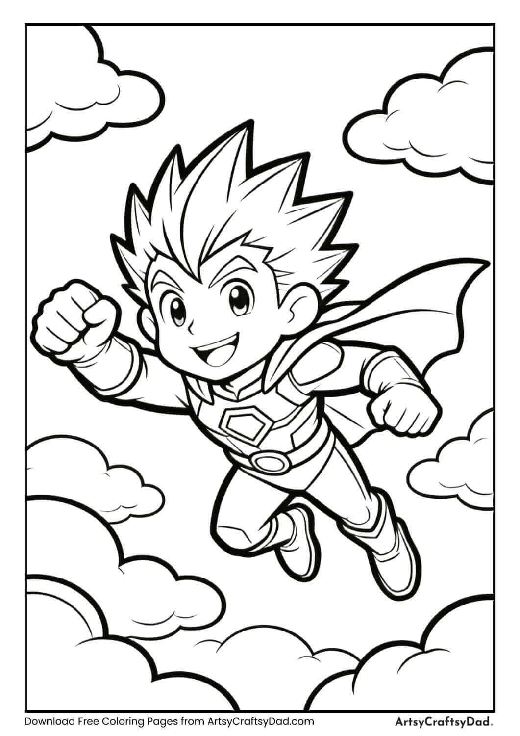 Black and white spiky-haired hero flying among clouds
