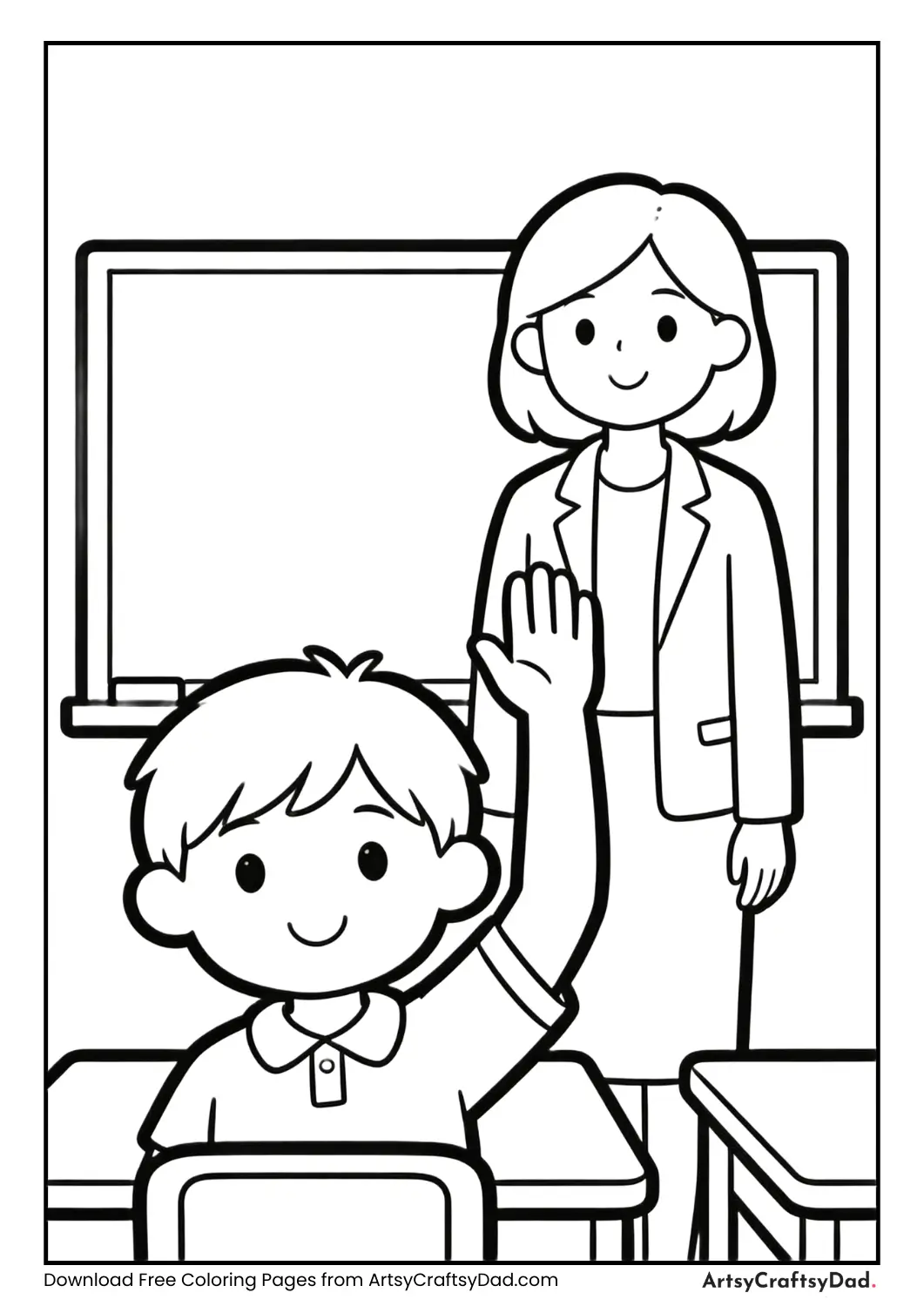 Child raising hand in class coloring page