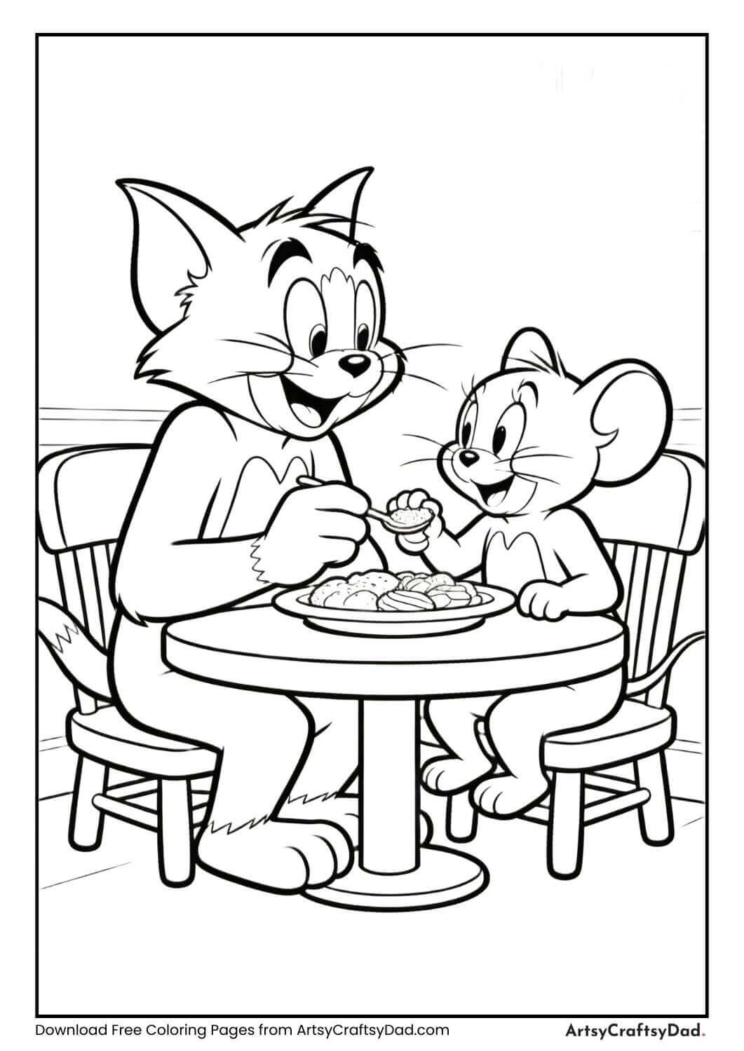 Tom and Jerry sitting together sharing food coloring page