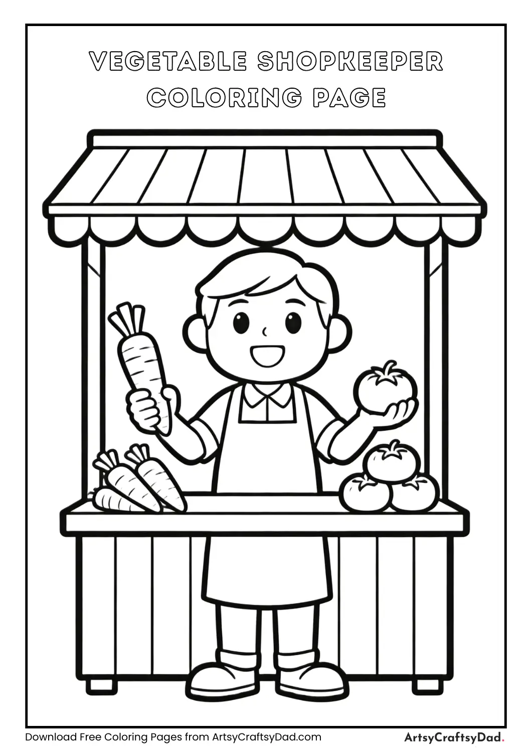 Vegetable shopkeeper coloring sheet in black and white