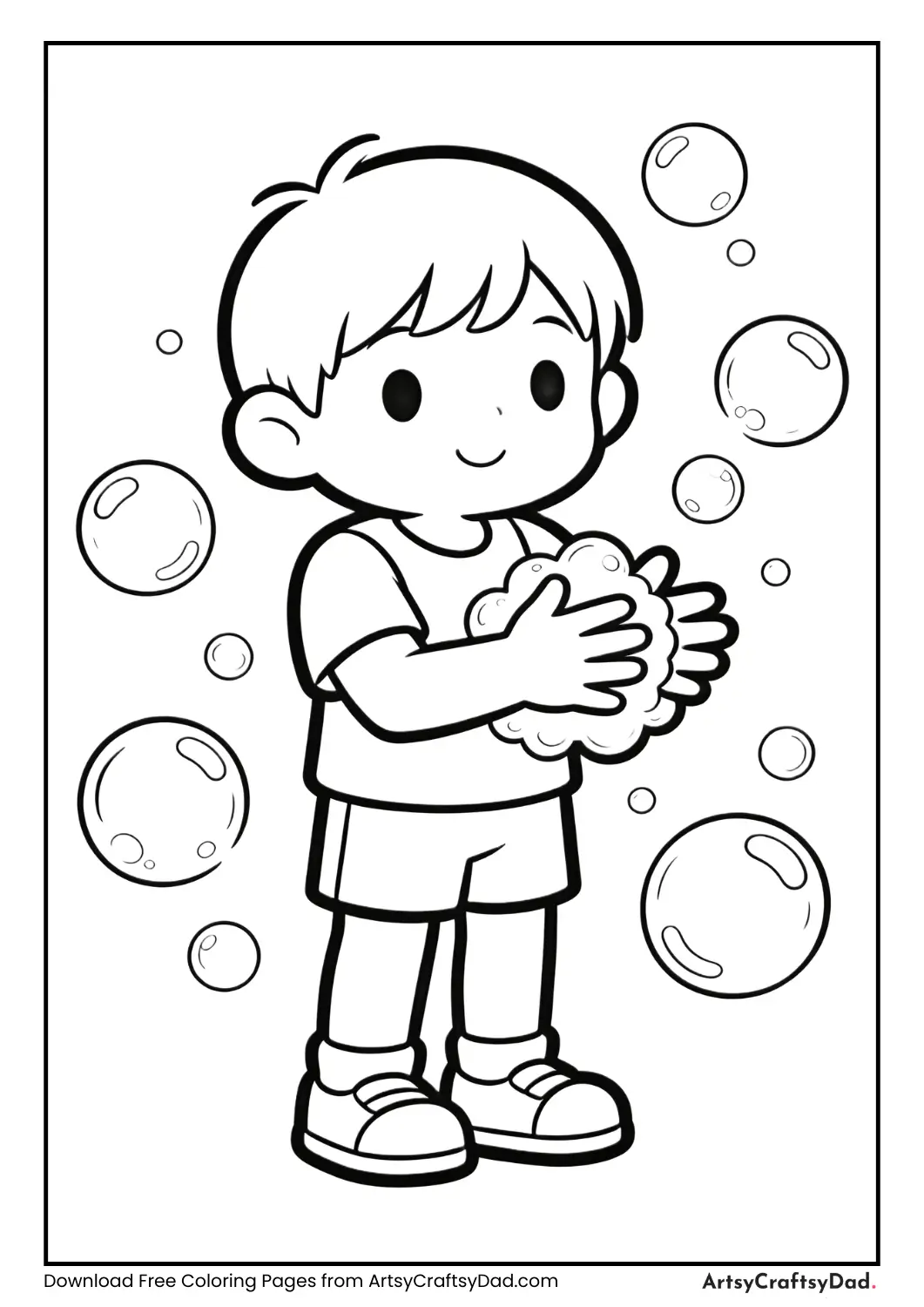 Child rubbing palms together with soap bubbles.