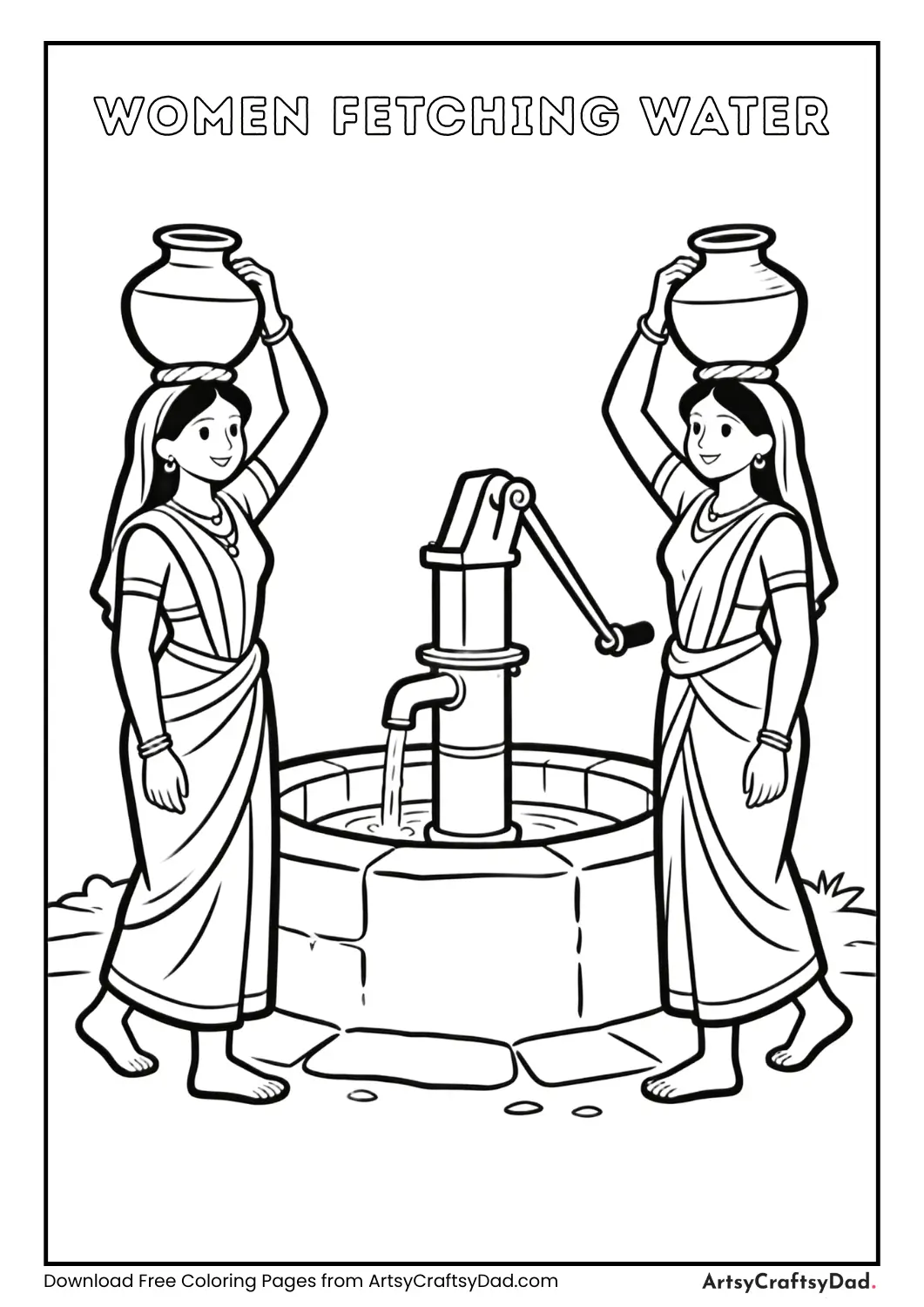 Women carrying pots of water from a well