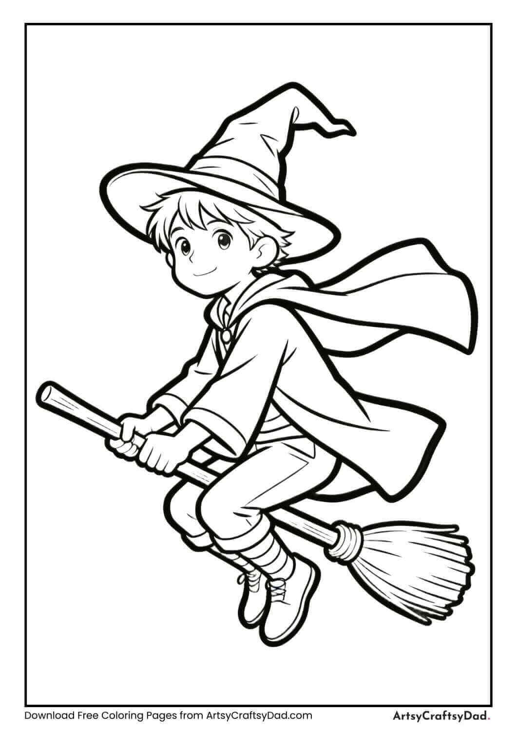 Young wizard flying on a broomstick