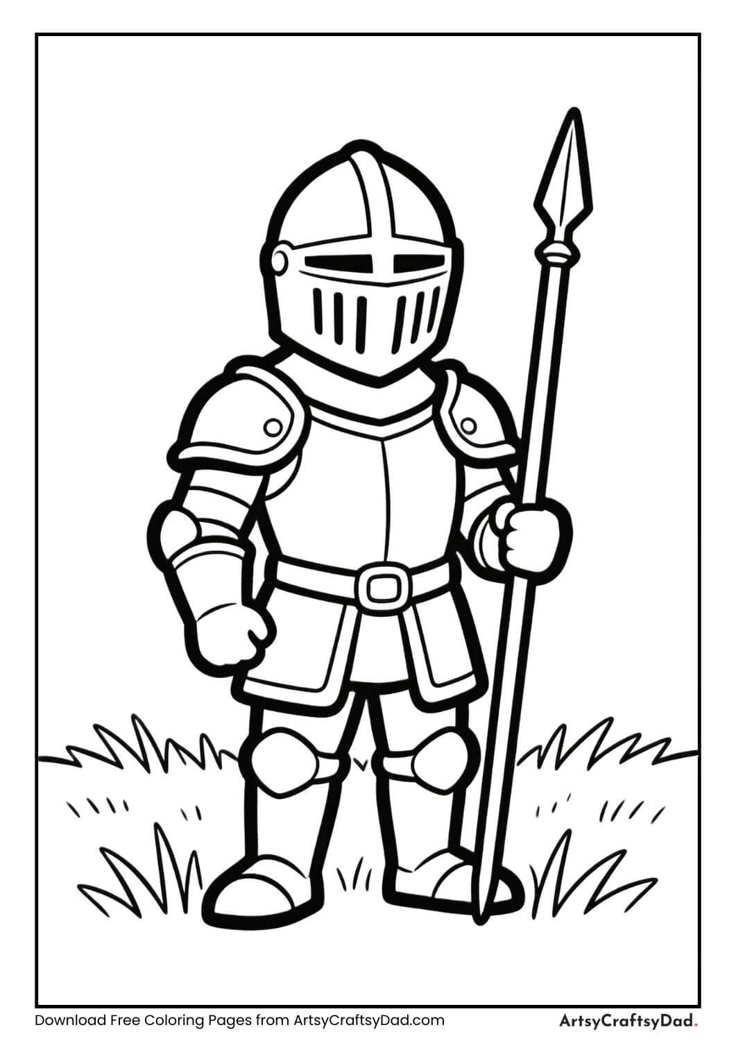 Calm knight standing in a field coloring page