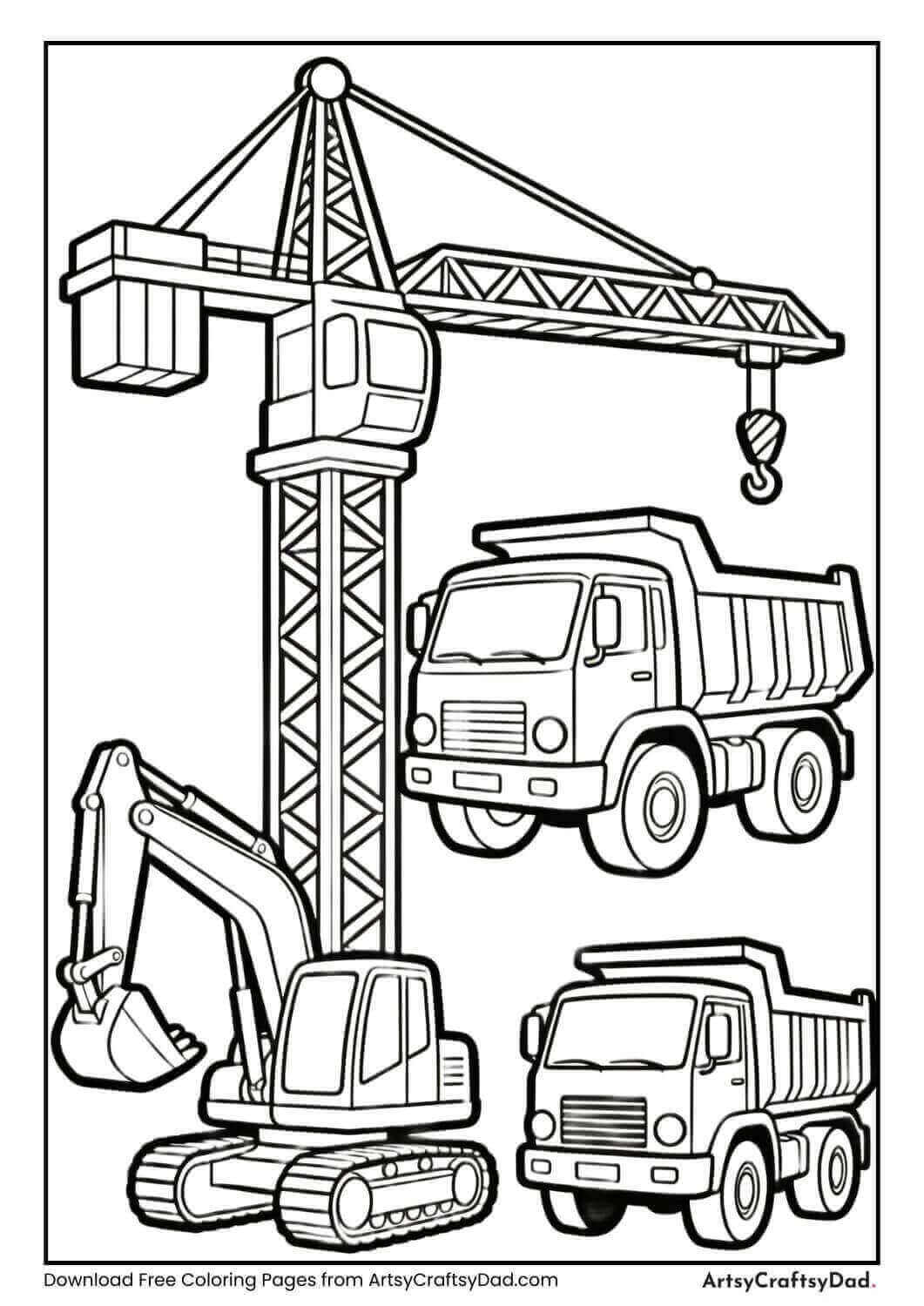JCB crane excavator group coloring page for kids