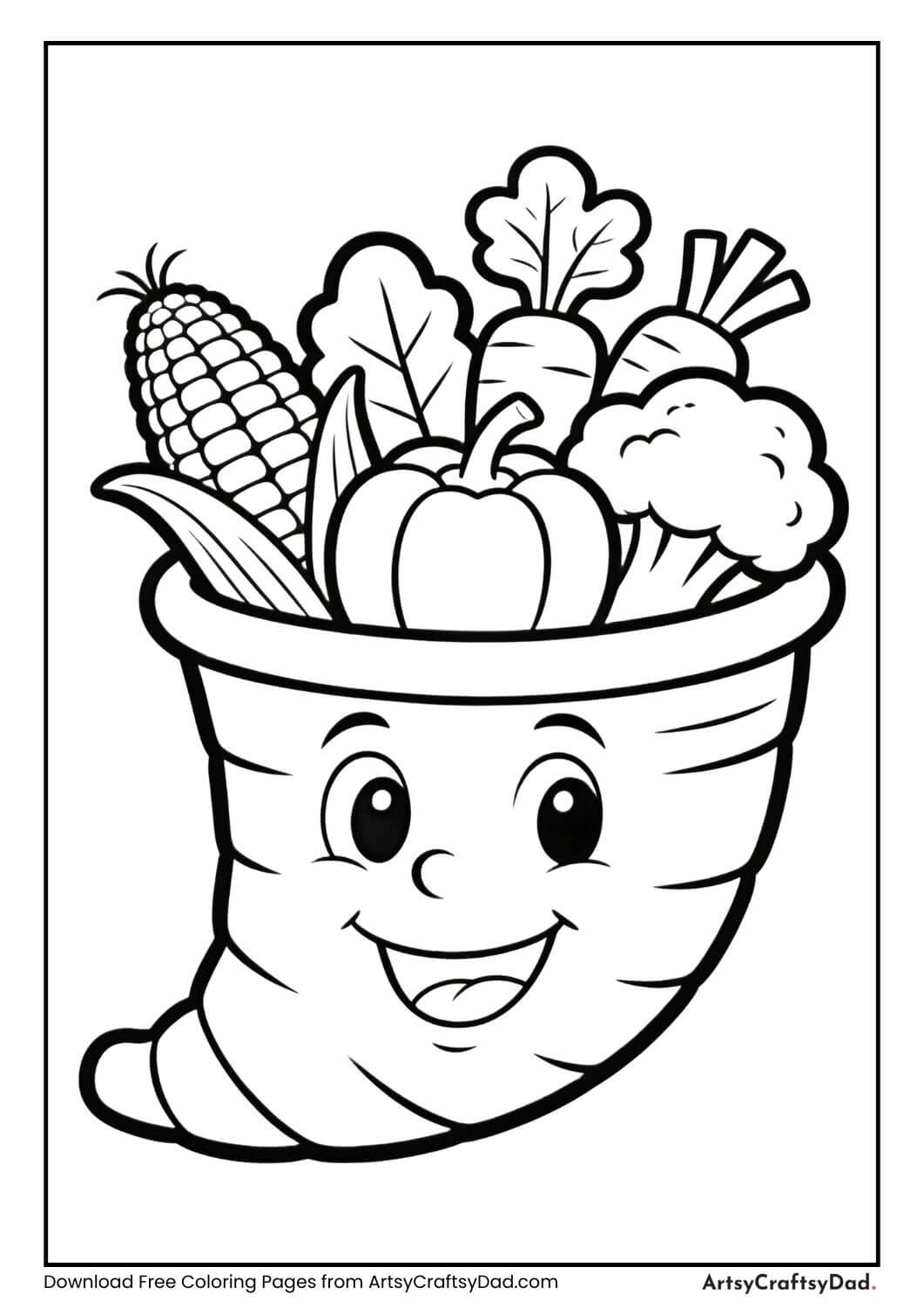 Cornucopia filled with various vegetables coloring page in black and white.