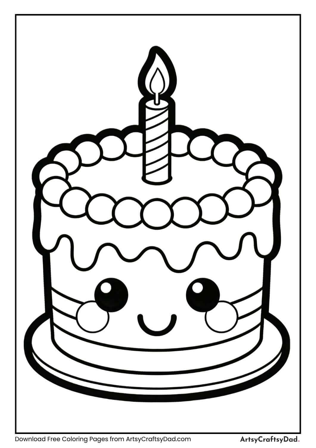 Cute birthday cake with one candle coloring page