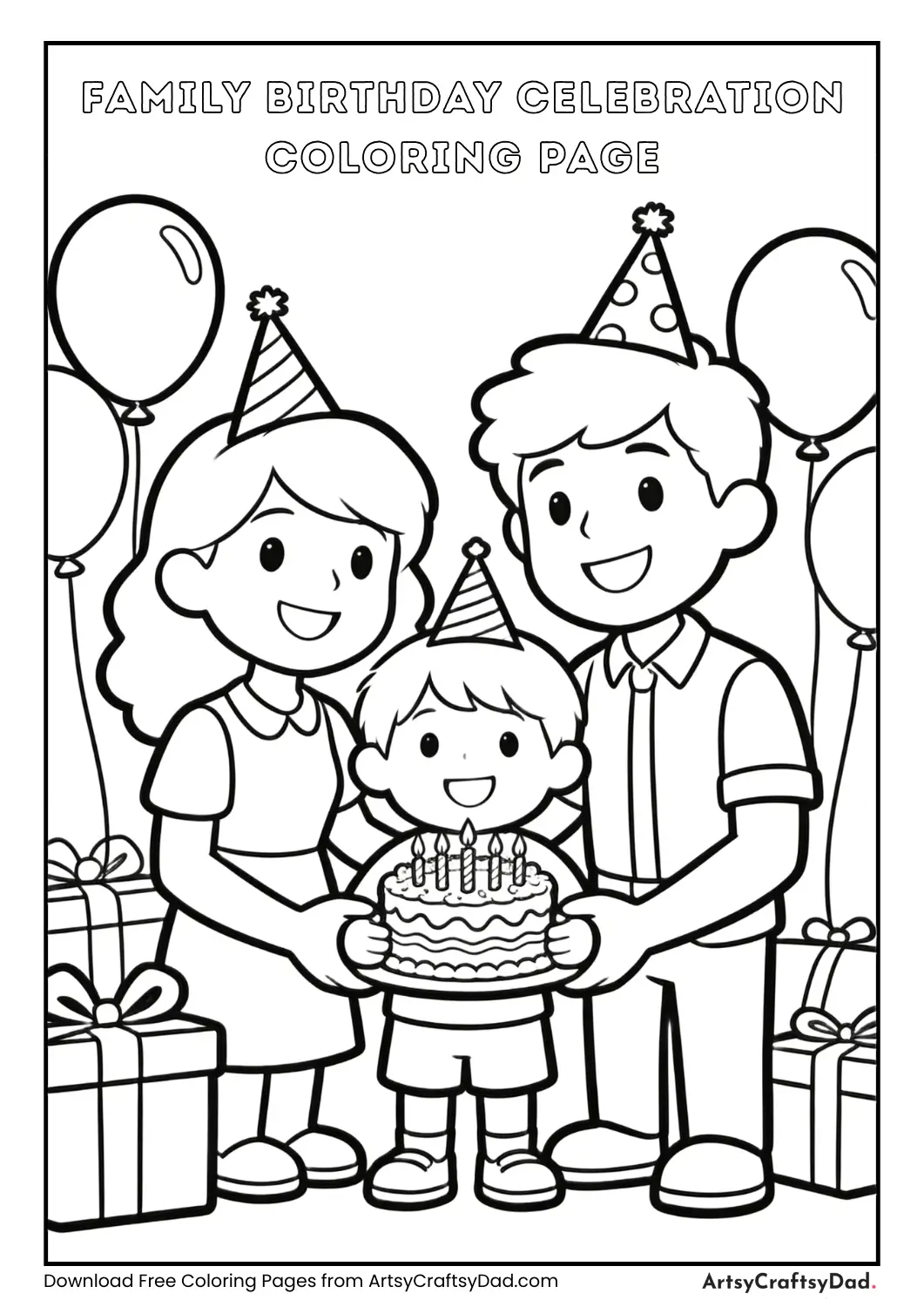 Family celebrating child birthday coloring page