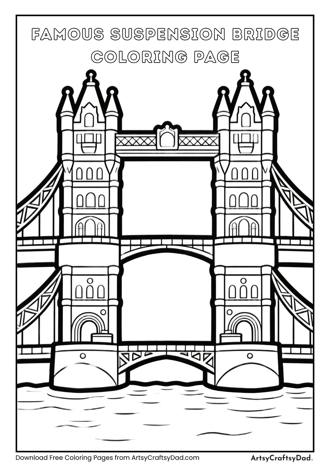 Black-and-white outline of a famous suspension bridge for kids