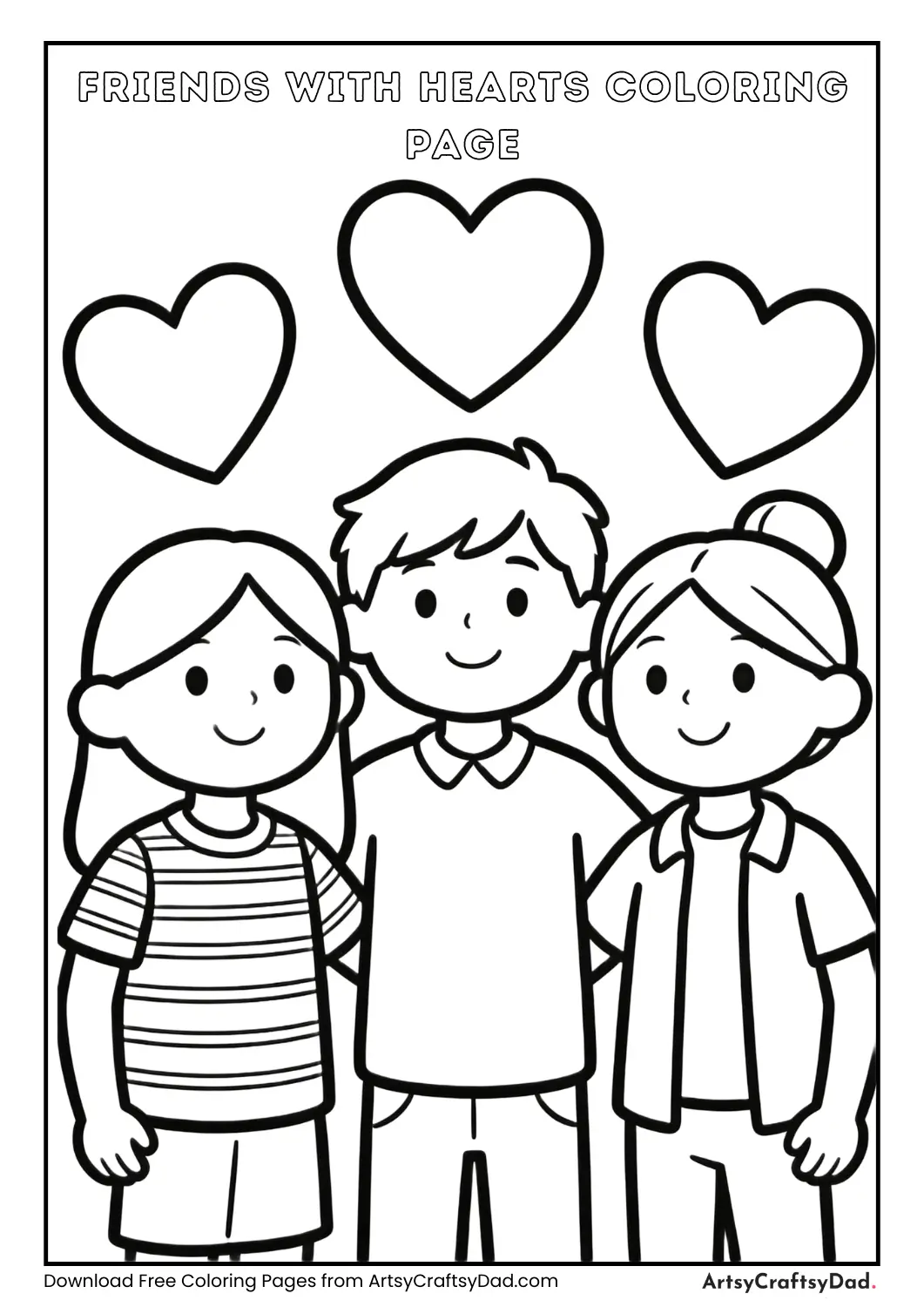 Black and white coloring page of friends with hearts