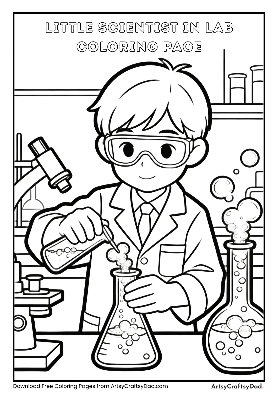 Child experimenting with potions in a science lab coloring page.