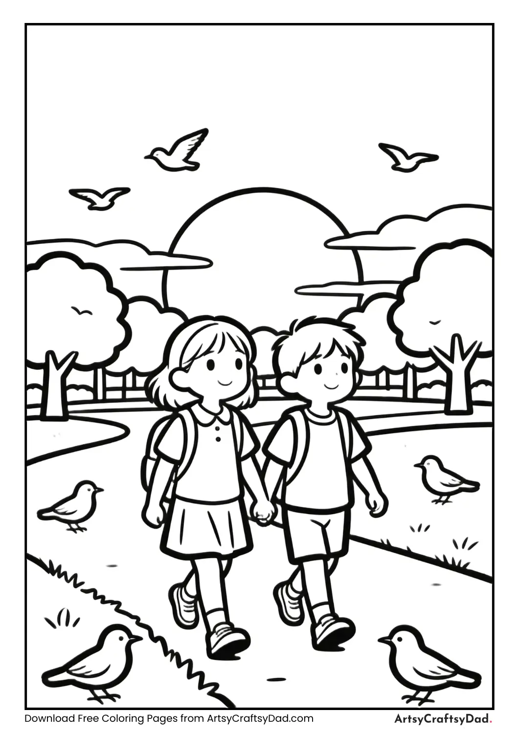 Sunset scene in the park with children walking and birds flying.