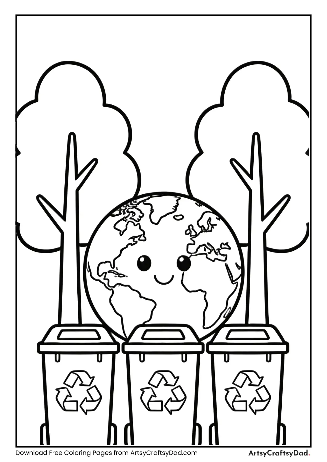Happy Earth surrounded by recycling bins and trees coloring page